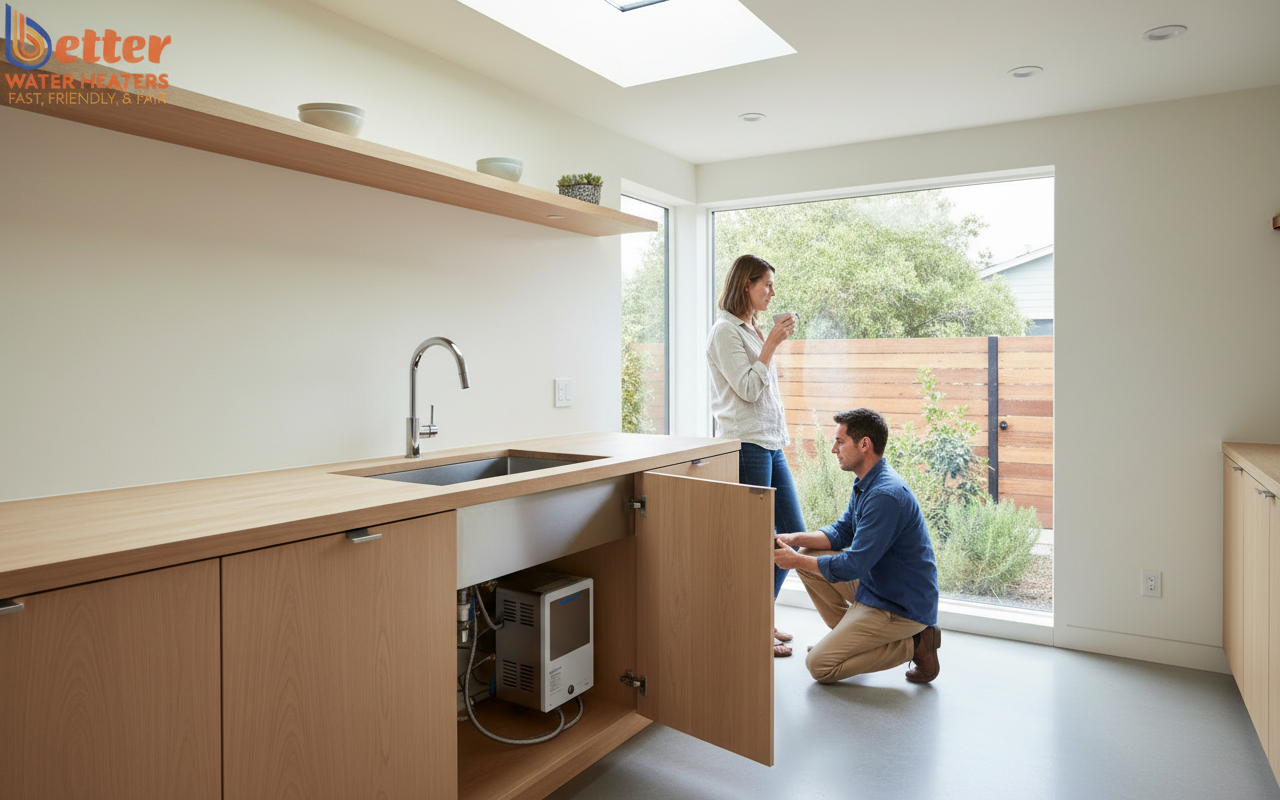 Point-of-use ADU water heater options installed under a kitchen sink
