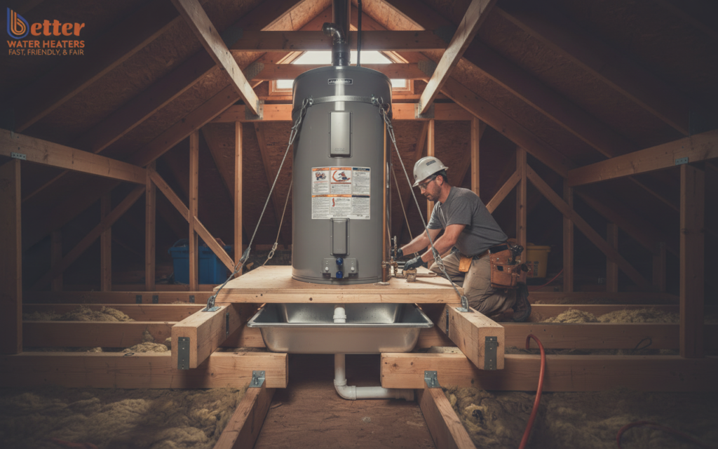 Professional diagram of an attic water heater installation showing structural reinforcements