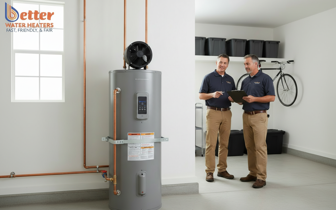 Professional heat pump water heater installation in a Bay Area home showing compliance with seismic strapping codes.