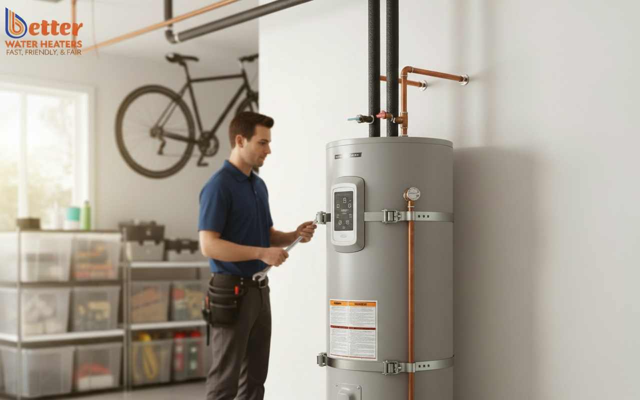 Proper water heater placement in a San Francisco garage with seismic strapping