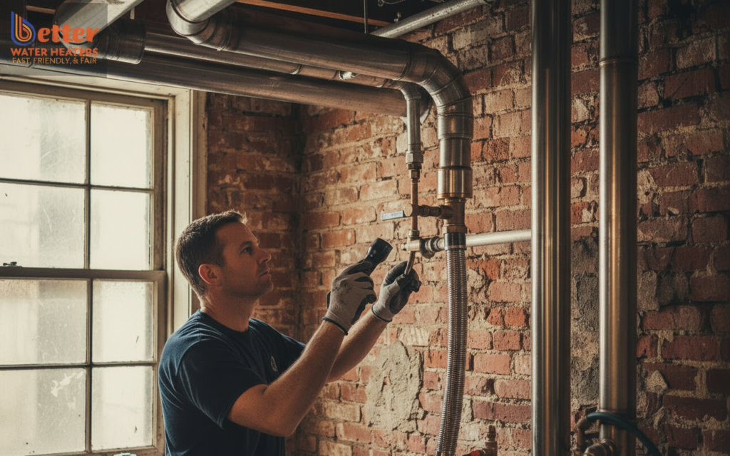 Professional plumber inspecting the water heater venting framework in an older San Francisco home