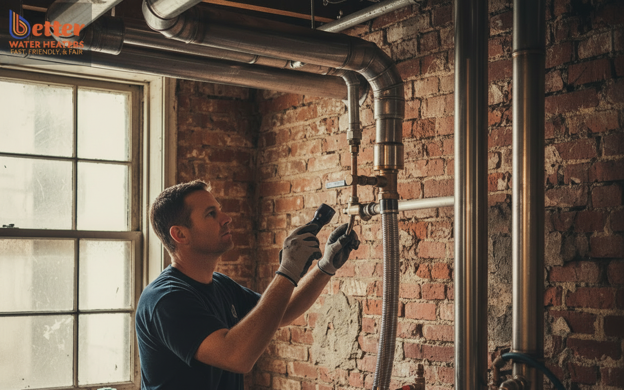 Professional plumber inspecting the water heater venting framework in an older San Francisco home