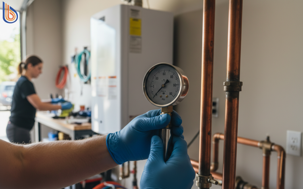 A Bay Area Water Pressure Audit showing a gauge reading 60 PSI on a copper pipe