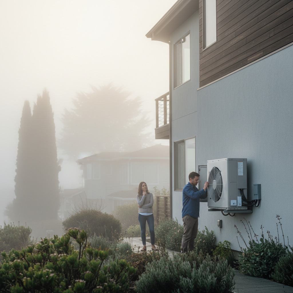 Sanden SanCO2 heat pump water heater installed in a foggy Bay Area climate