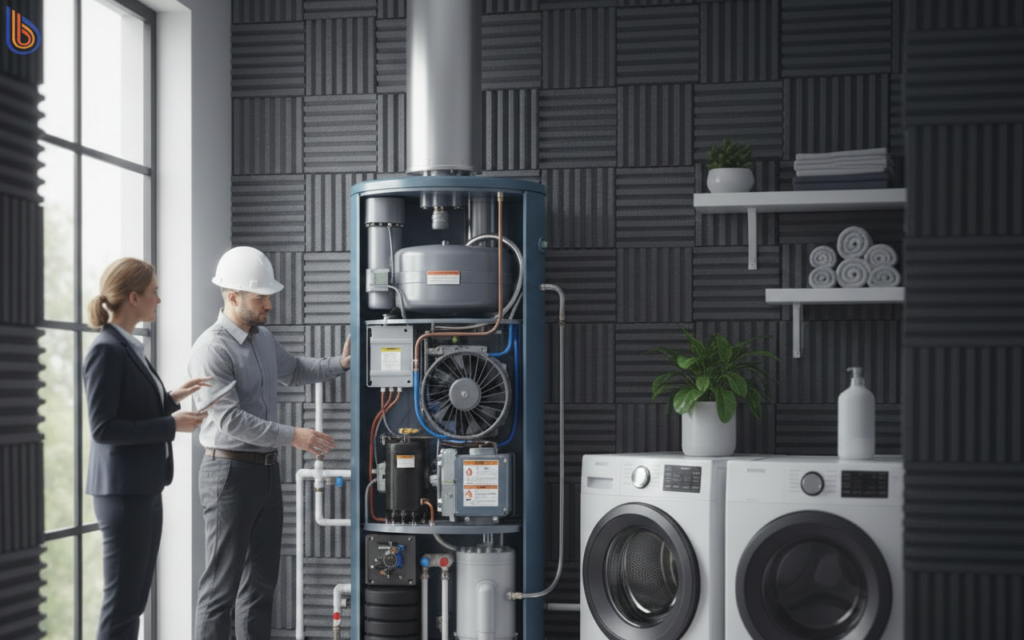 Technical diagram showing heat pump noise levels mitigation and vibration isolation pads