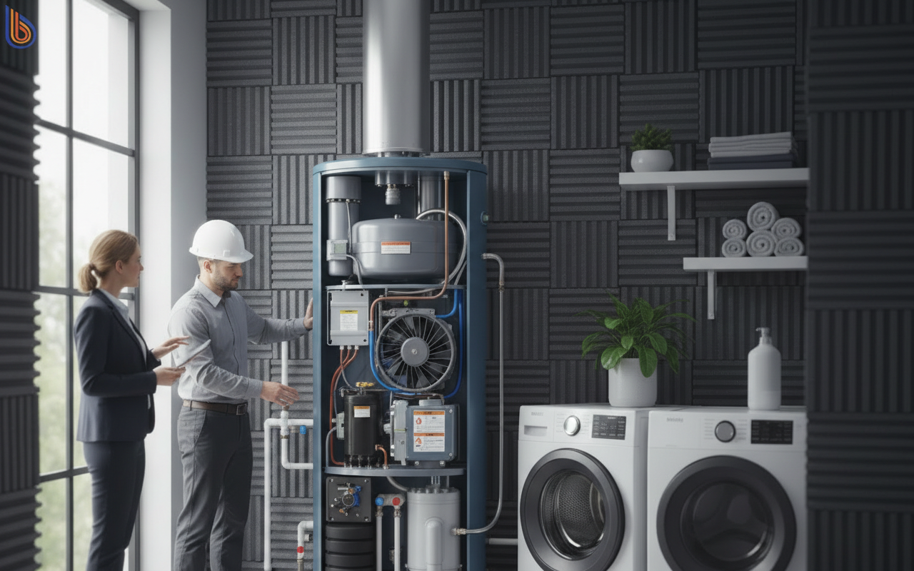 Technical diagram showing heat pump noise levels mitigation and vibration isolation pads