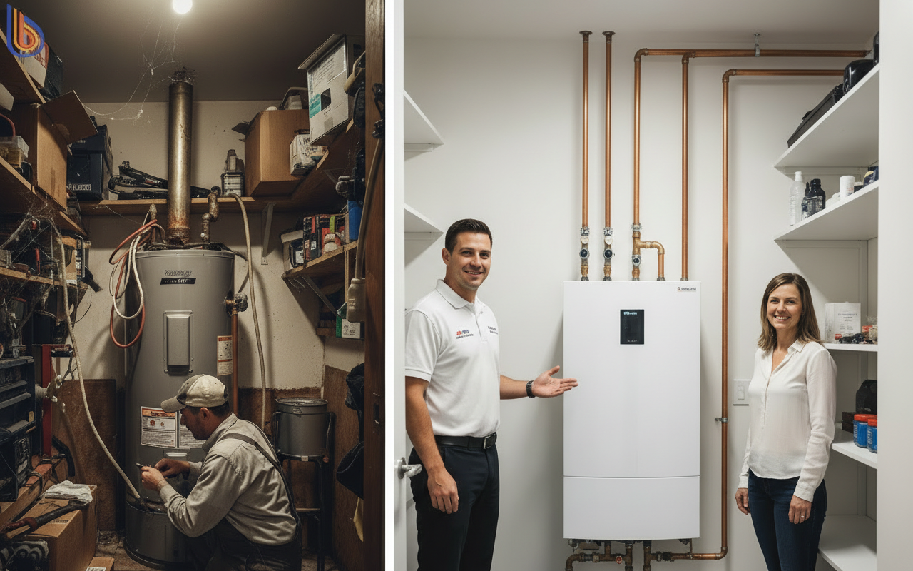 Comparison of old gas tank vs modern heat pump retrofit framework installation in a Bay Area home