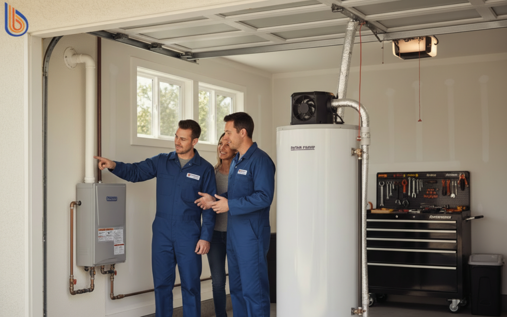 Comparison of heat pump vs tankless water heater units in a residential garage