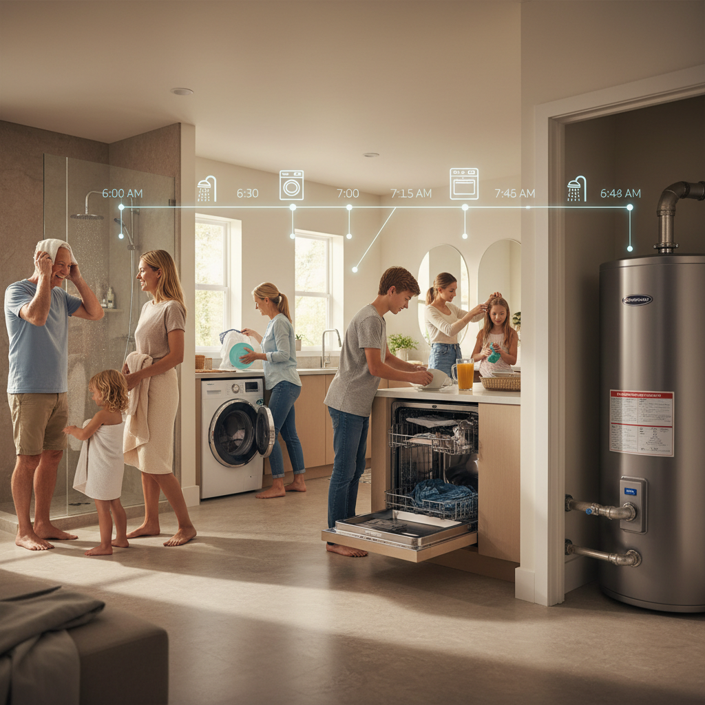 Infographic showing high capacity water heaters demand for a large family