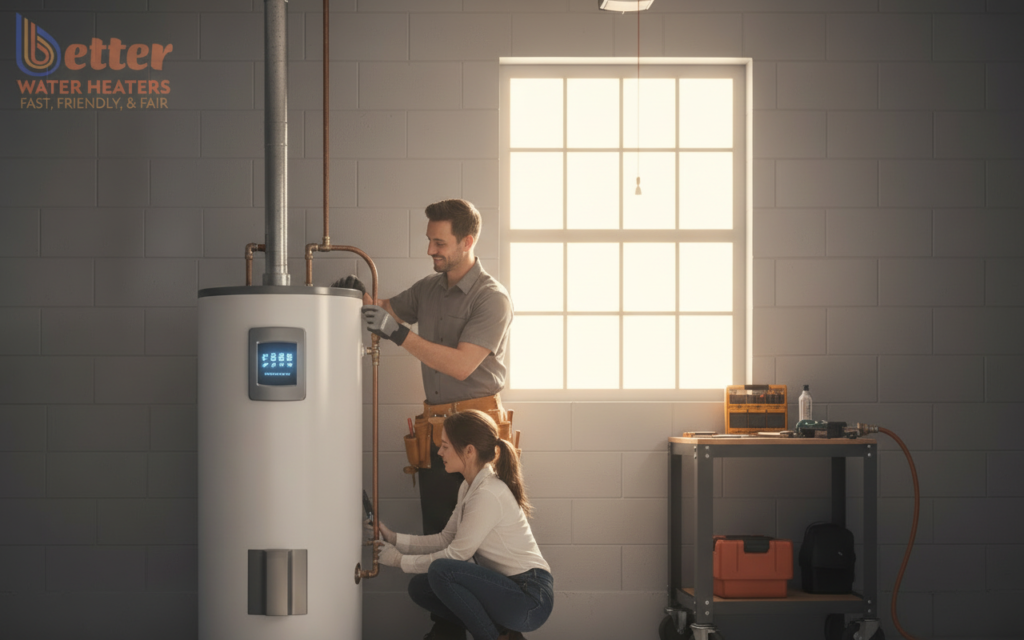 A modern heat pump water heater modes display in a Bay Area garage
