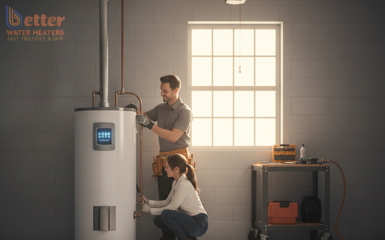 A modern heat pump water heater modes display in a Bay Area garage