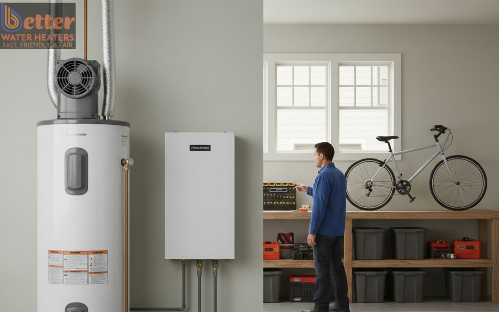 Comparison of electric tankless vs heat pump water heaters in a home garage