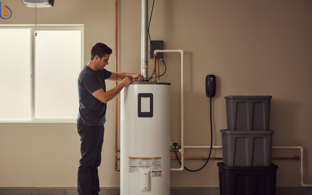 Professional hybrid water heater transition installation in a Bay Area garage