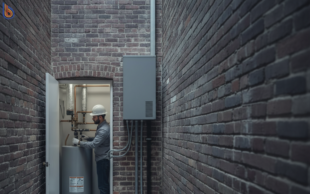 Technical diagram of a split-system heat pump water heater installation in a tight SF space
