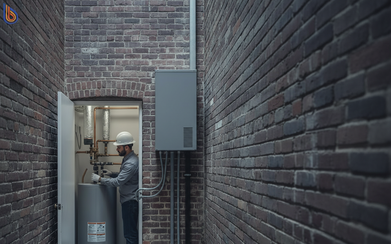 Technical diagram of a split-system heat pump water heater installation in a tight SF space
