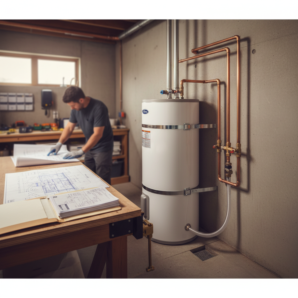 A properly installed heat pump water heater showing seismic strapping and drainage compliance