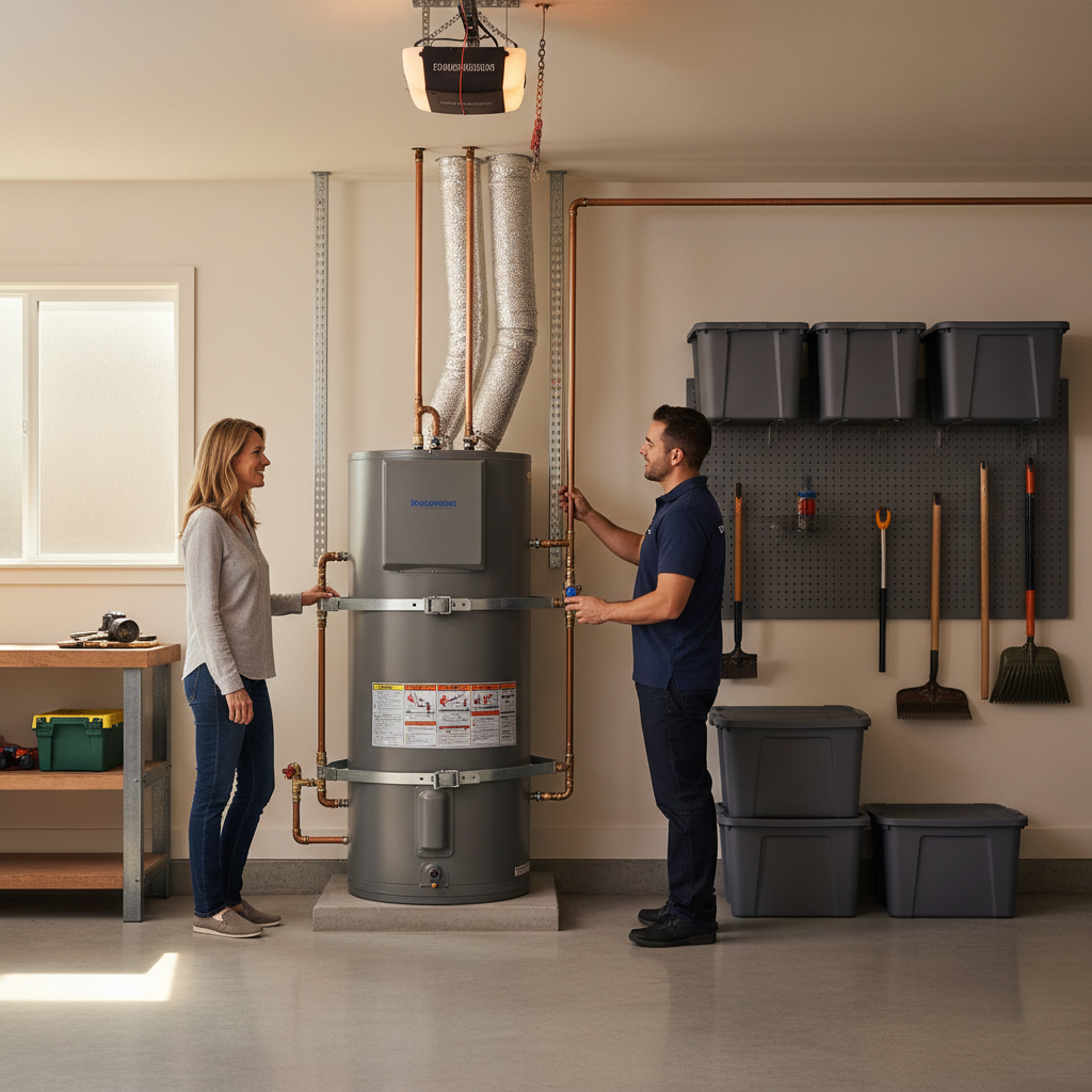 Modern heat pump installation for rental property water heaters showing seismic strapping