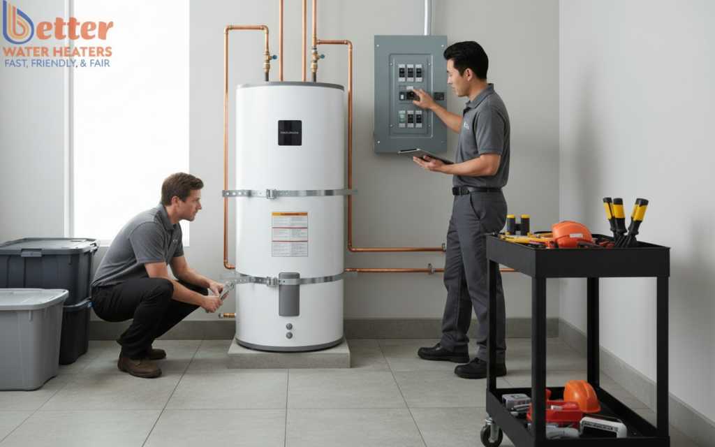 A professional heat pump water heater installation as part of a home remodel plumbing strategy in the Bay Area.
