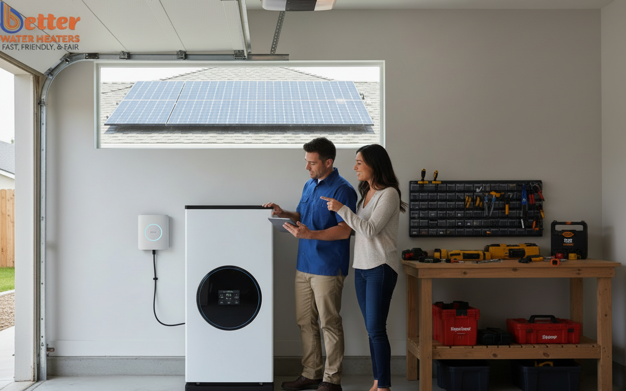 Smart Water Heater Solar Integration Smart water heater integration in a modern San Jose garage with solar panels