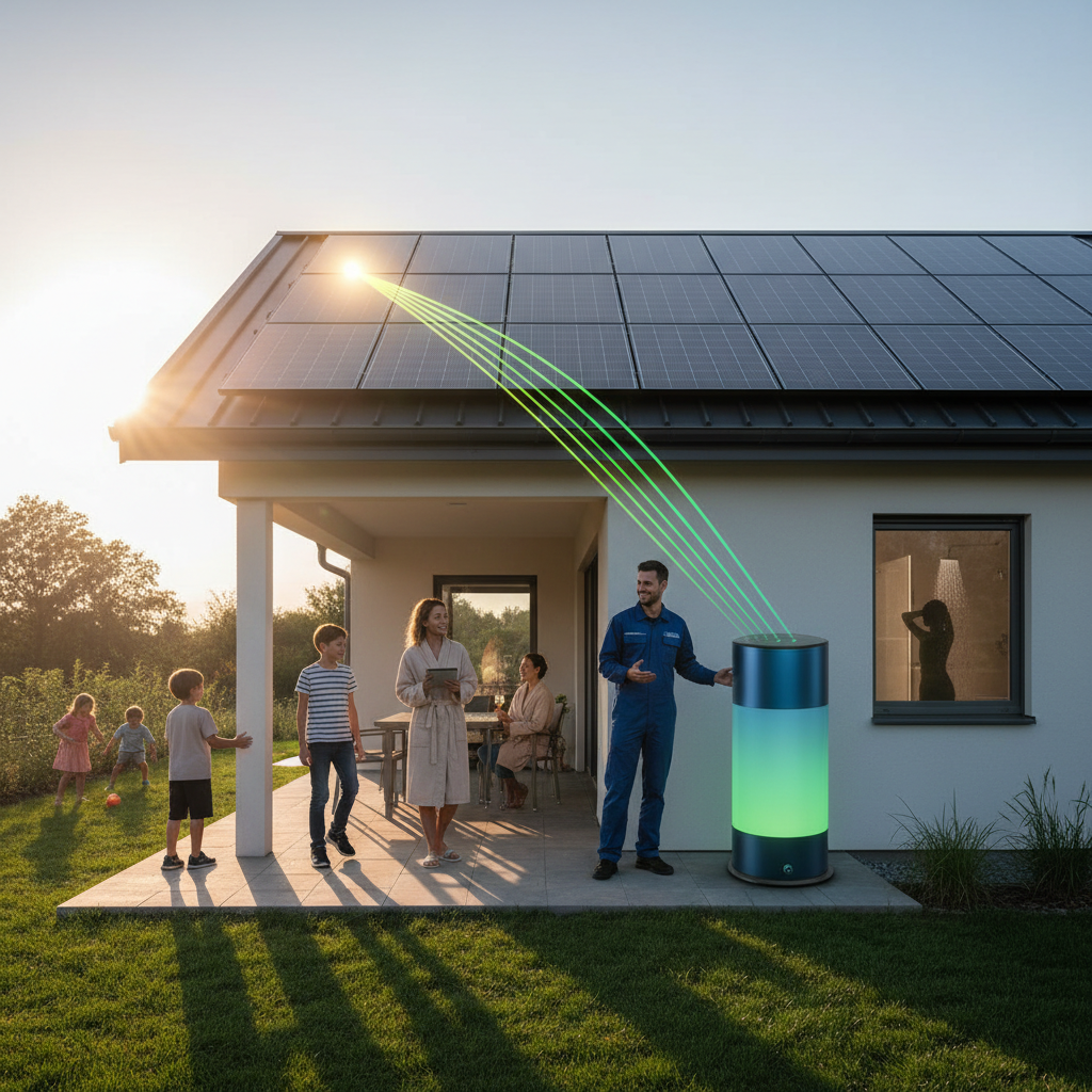 Solar Thermal Battery Diagram Infographic explaining the solar thermal battery concept for water heaters