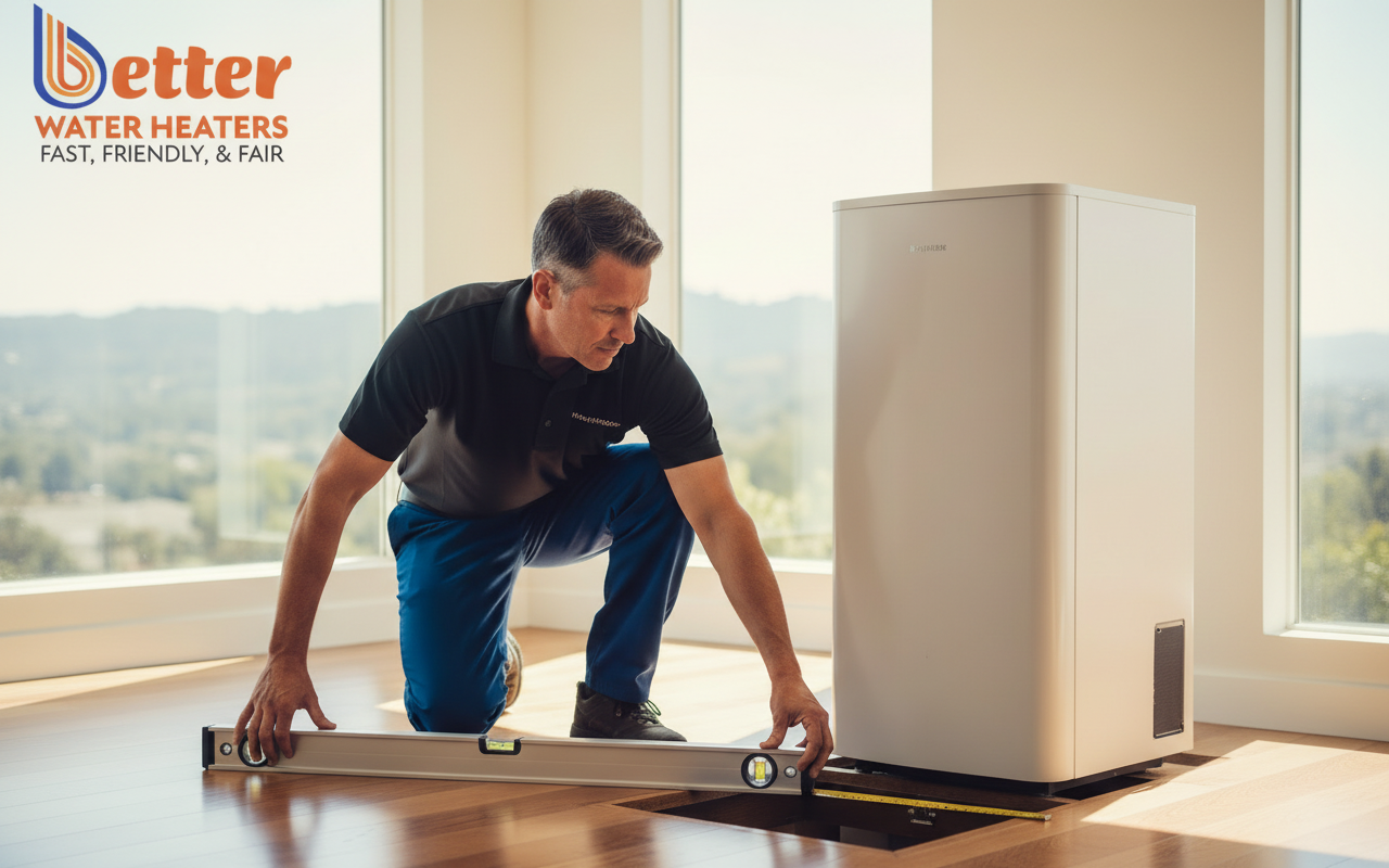 Plumber performing a structural load audit for a heat pump water heater installation