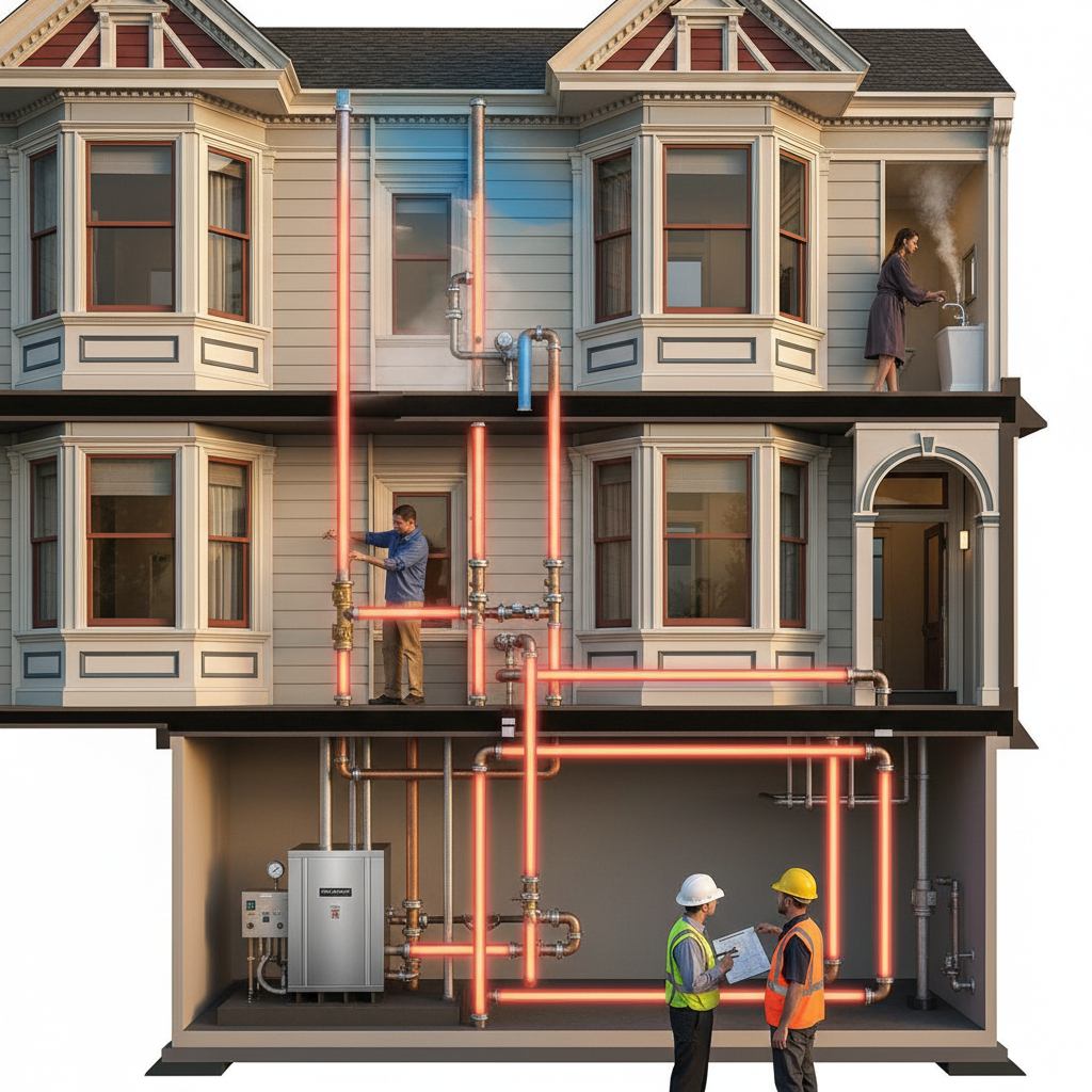 Infographic showing multi-unit water heating distribution and thermal loss