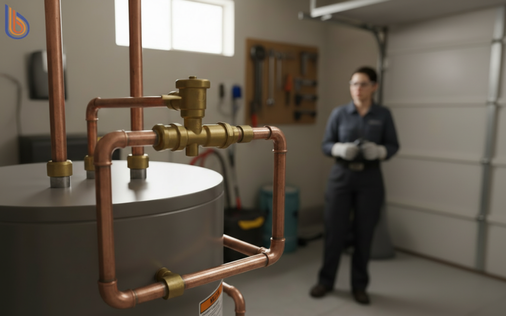 A professionally installed thermostatic mixing valve on a residential water heater for scald prevention.
