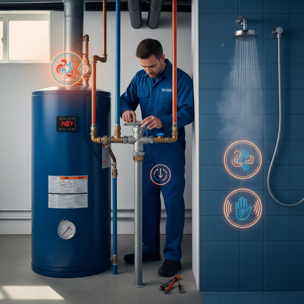 The 140/120 Safety Rule Infographic Infographic explaining how a thermostatic mixing valve increases hot water capacity while maintaining safety.