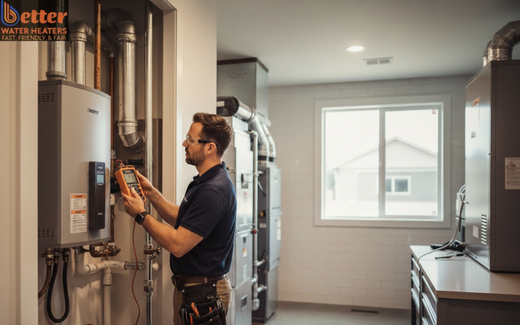 Professional plumber performing a venting audit for Bay Area mechanical closets using a digital manometer