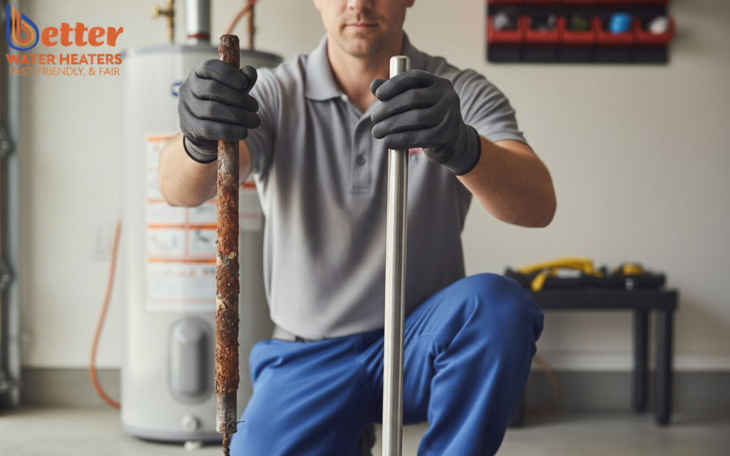 Comparison of a corroded and new water heater anode rod replacement for Bay Area maintenance
