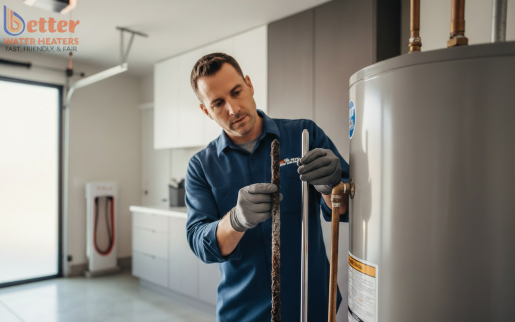 Professional technician performing a water heater reliability audit and anode rod inspection