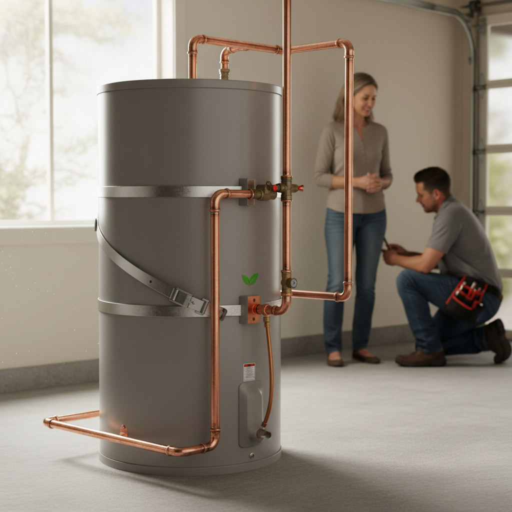 Modern heat pump water heater installation with seismic strapping in a Bay Area home