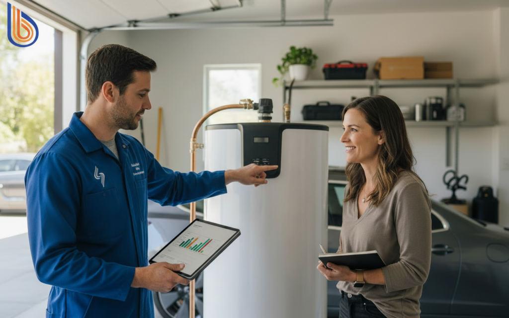 Professional water heater sizing guide audit being performed in a Bay Area home