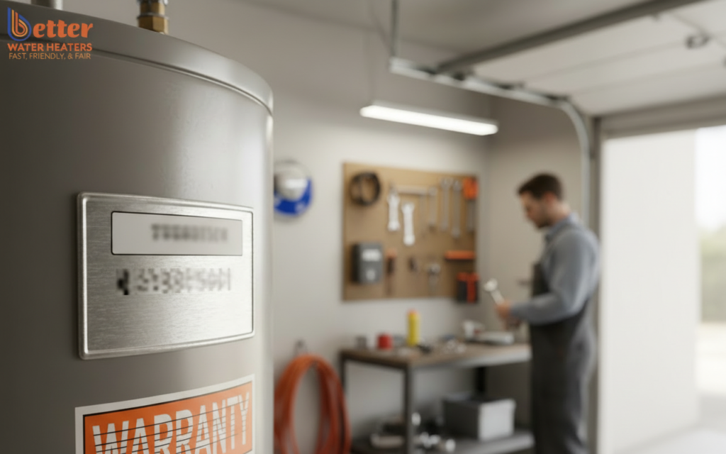 Close up of water_heater_warranty label and serial number on a modern unit