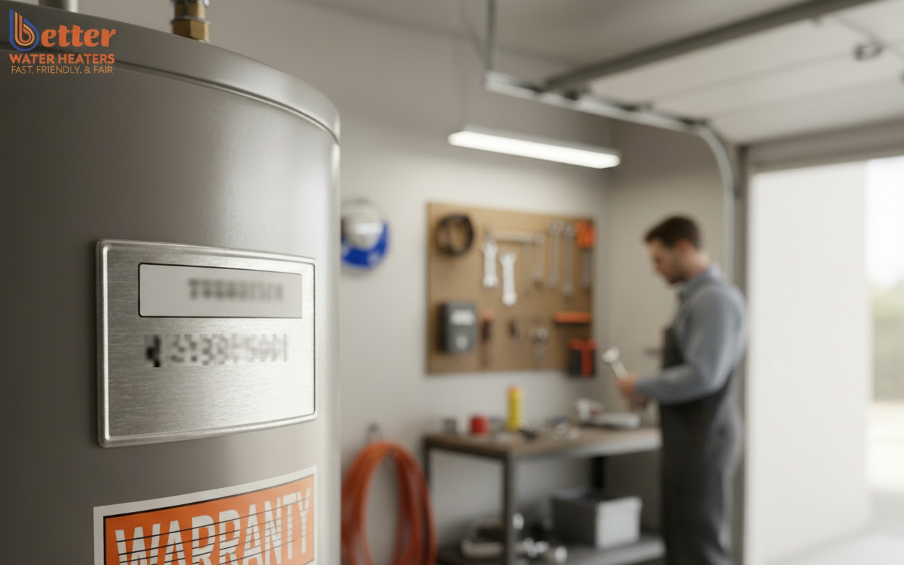 Close up of water_heater_warranty label and serial number on a modern unit