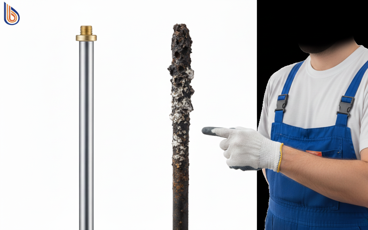 Comparison of new and corroded aluminum vs magnesium anode rods showing depletion