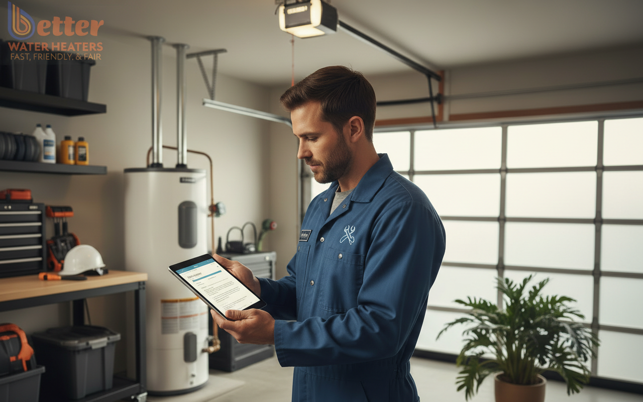 Navigating Bay Area Plumbing Permits Professional plumber reviewing Bay Area plumbing permits on a tablet next to a heat pump water heater