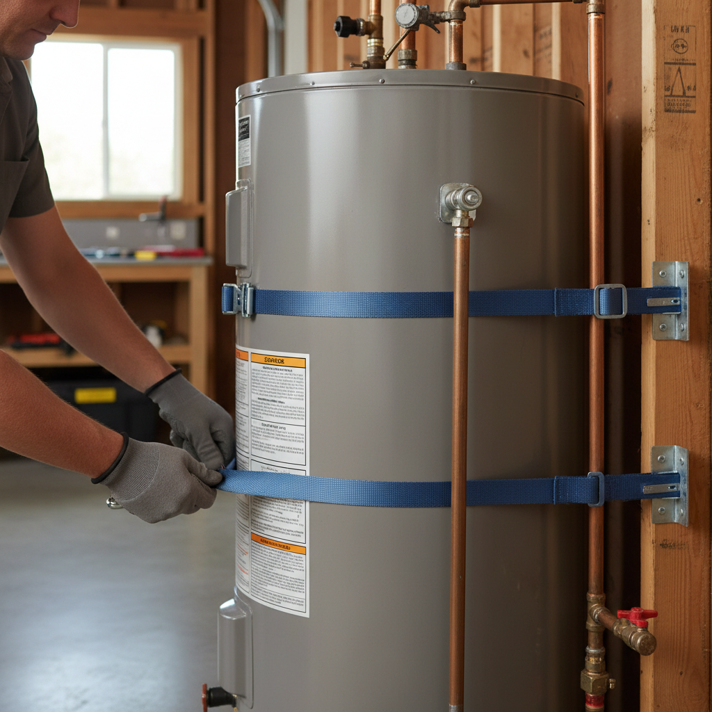 California Seismic Strapping Code Close-up of seismic strapping requirements California for water heater compliance