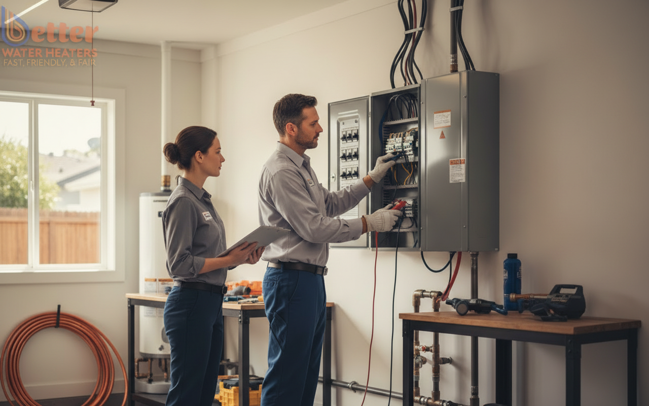 A professional performing a 3-step capacity audit on an electrical panel for a water heater upgrade