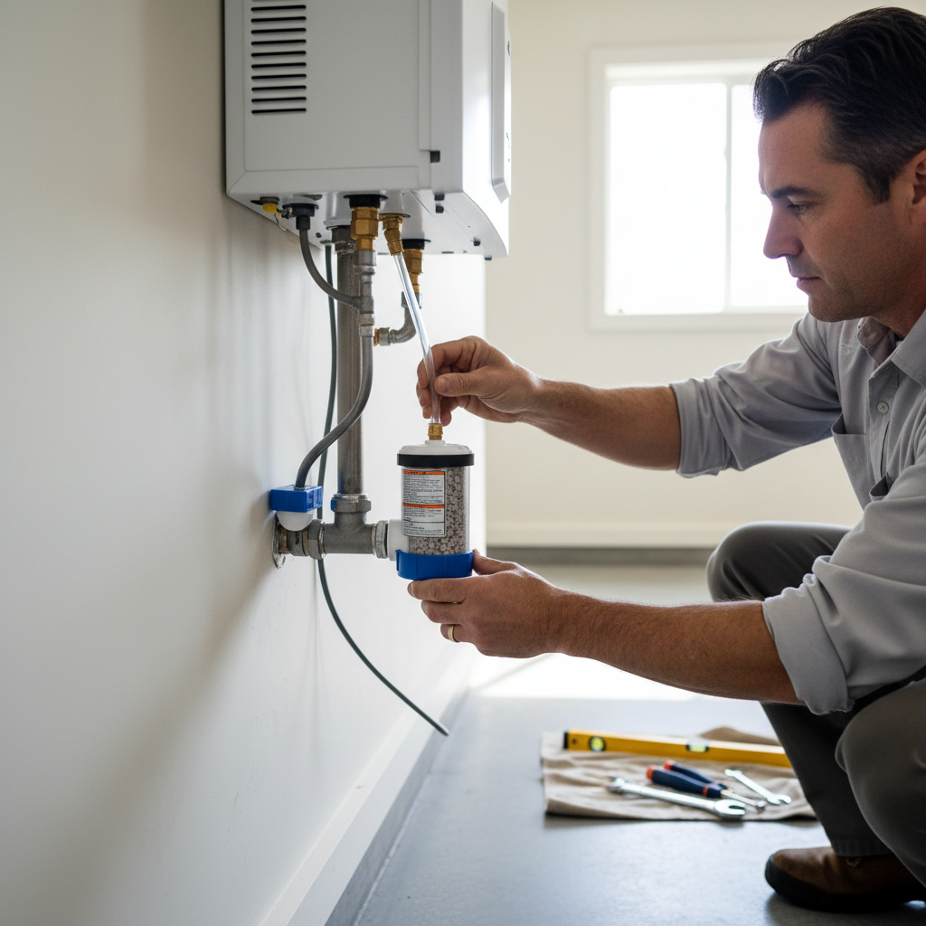 Professional installation of a condensing tankless water heater with condensate neutralizer