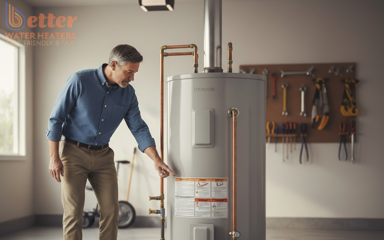 A homeowner performing a DIY water heater diagnostic by checking the pilot light access panel
