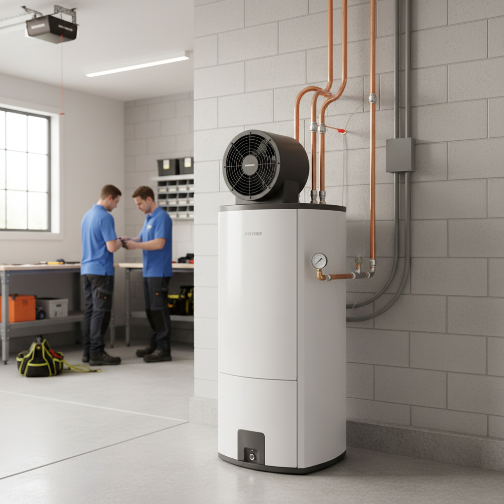 Heat Pump Water Heater Retrofit Modern heat pump water heater installation in a Bay Area garage showing the gas to electric transition