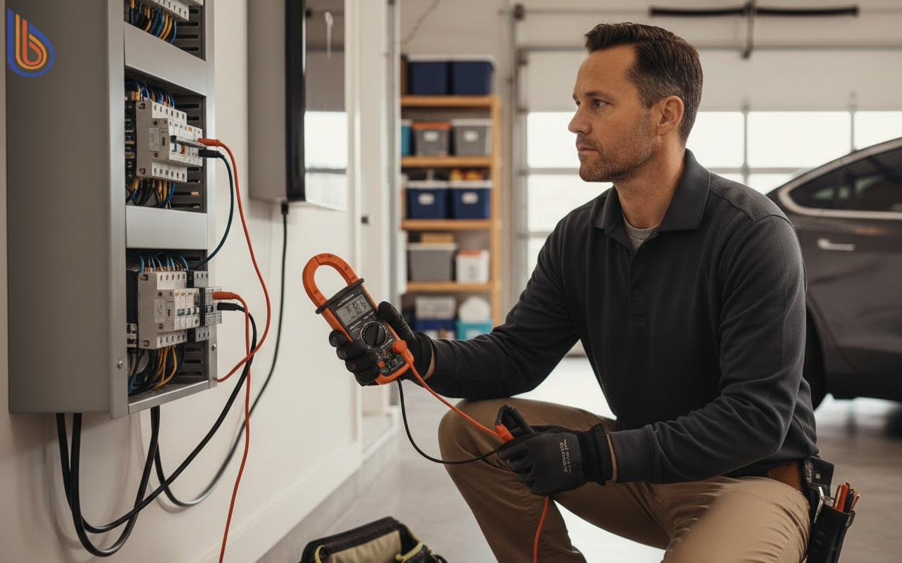 Electrician performing electrical panel readiness audit for heat pump upgrade