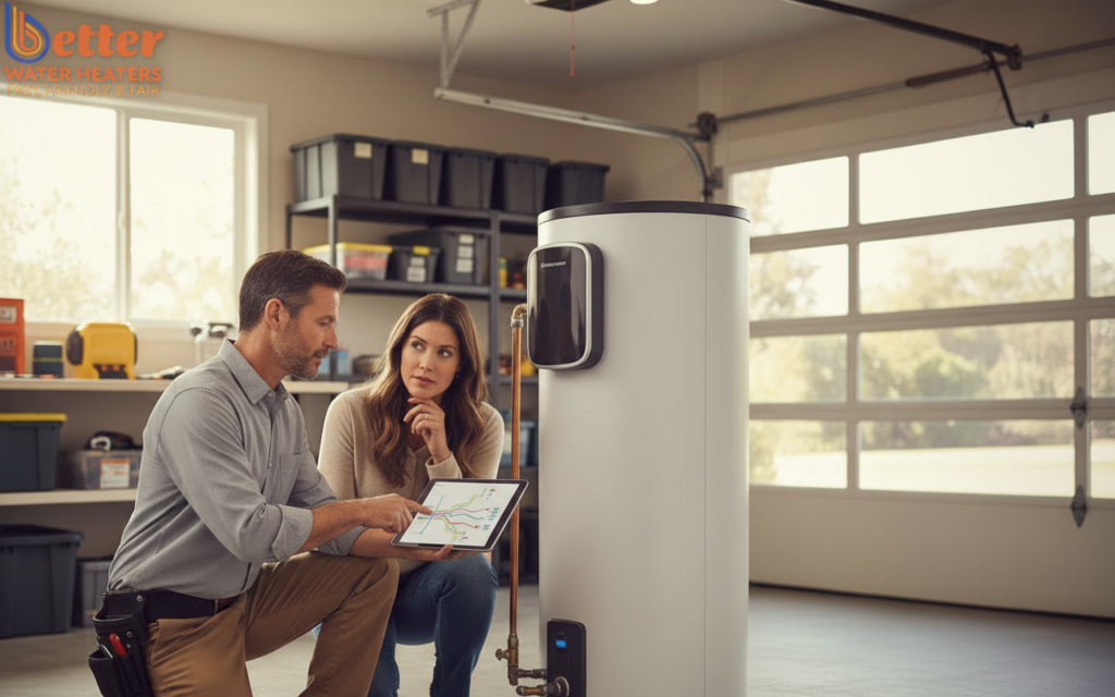 Professional plumber discussing emergency water heater replacement options with a Bay Area homeowner