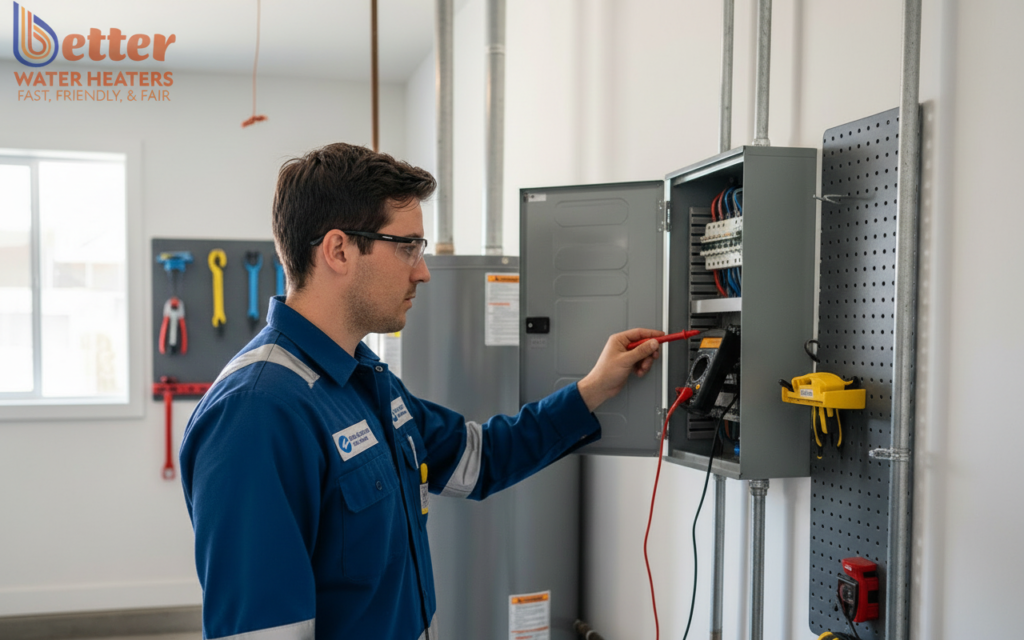 Technician performing a heat-pump site assessment on an electrical panel in a Bay Area home