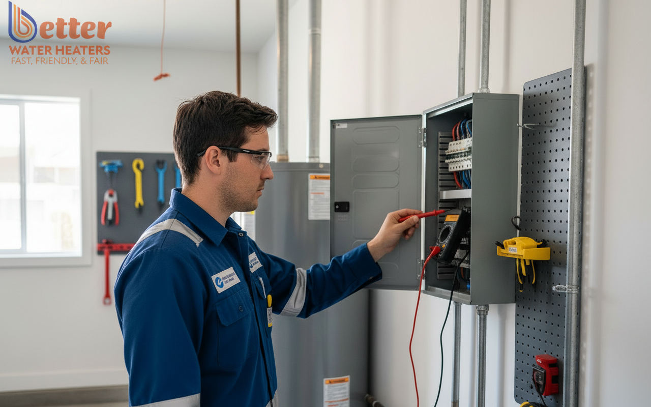 Technician performing a heat-pump site assessment on an electrical panel in a Bay Area home