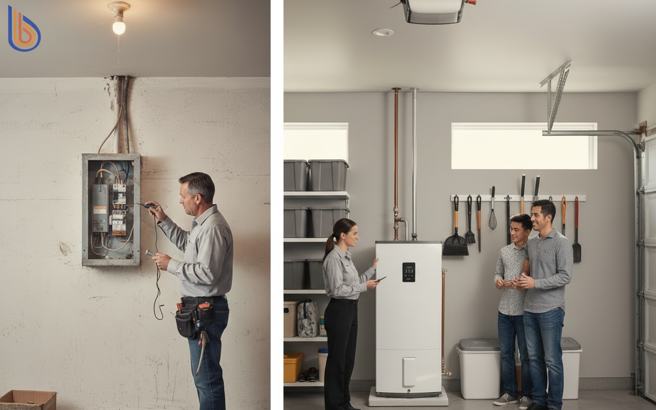 A modern heat pump transition in a Bay Area home showing electrical panel and new unit