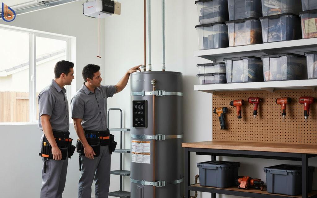 Modern heat pump vs solar thermal installation in a Bay Area home garage
