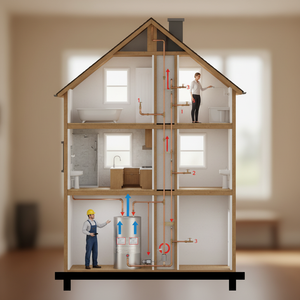 Diagram of instant hot water systems for multi-story residential buildings