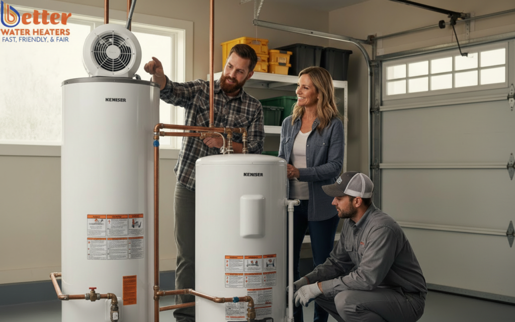 Comparison of hybrid heat pump vs. standard electric water heater in a garage